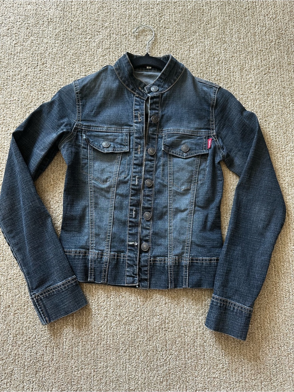 Vintage Mystic Y2K Fitted Denim Jacket Mandarin Collar Cropped Blue Size XS